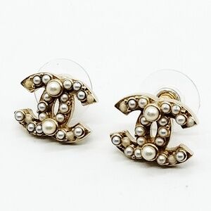 Chanel Gold-Tone Faux Pearl CC Logo Stud Earrings